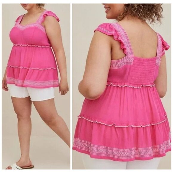 Torrid NWT $60 Babydoll Crinkle Gauze Embroidered Tiered Top Pink Women's Sz 2X - Picture 1 of 11